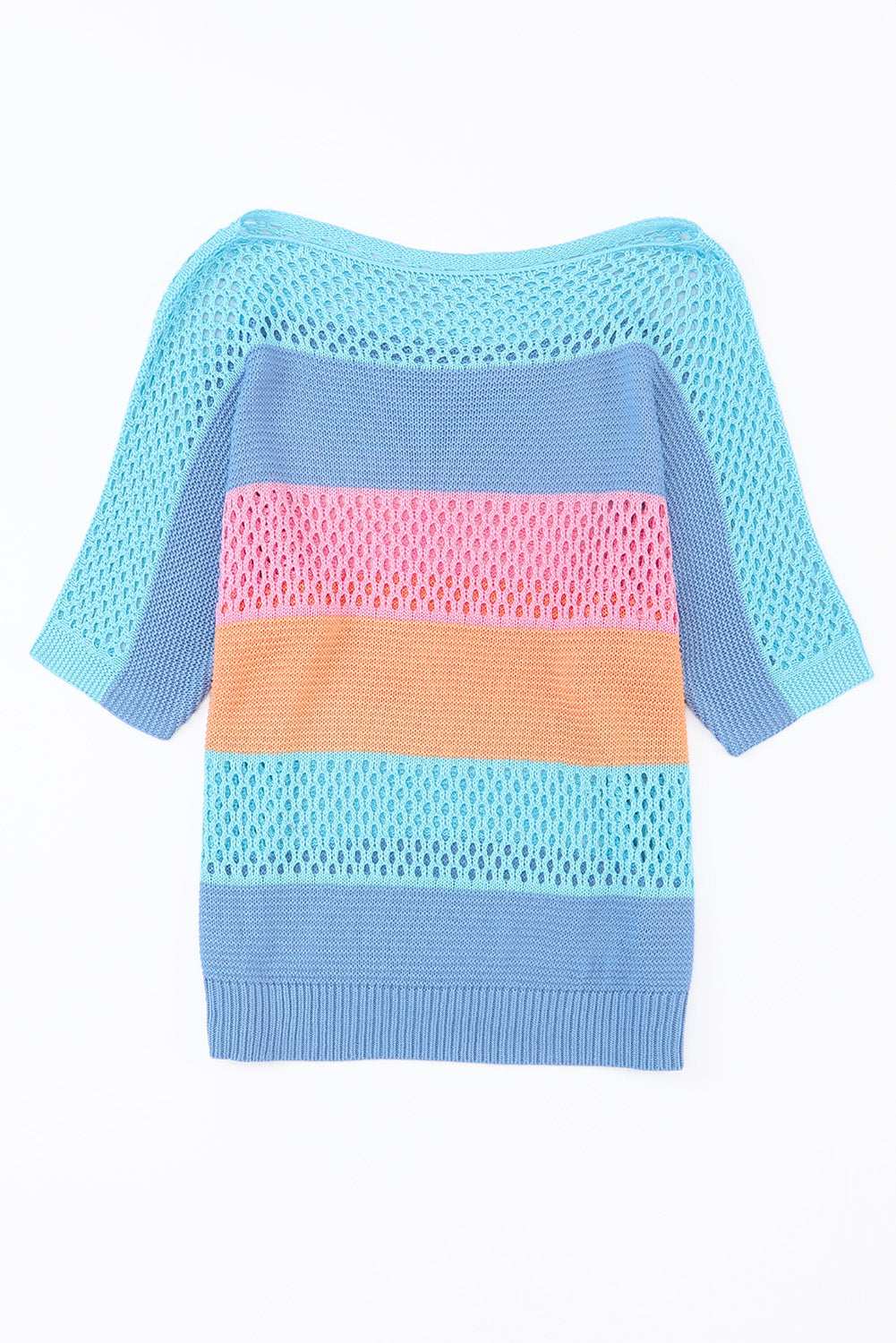 Pink Knitted Eyelet Colorblock Striped Half Sleeves Top