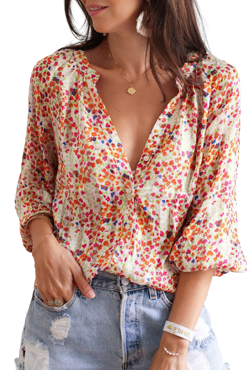 Multicolor Floral Print Boho Button Up Lantern Sleeve Blouse