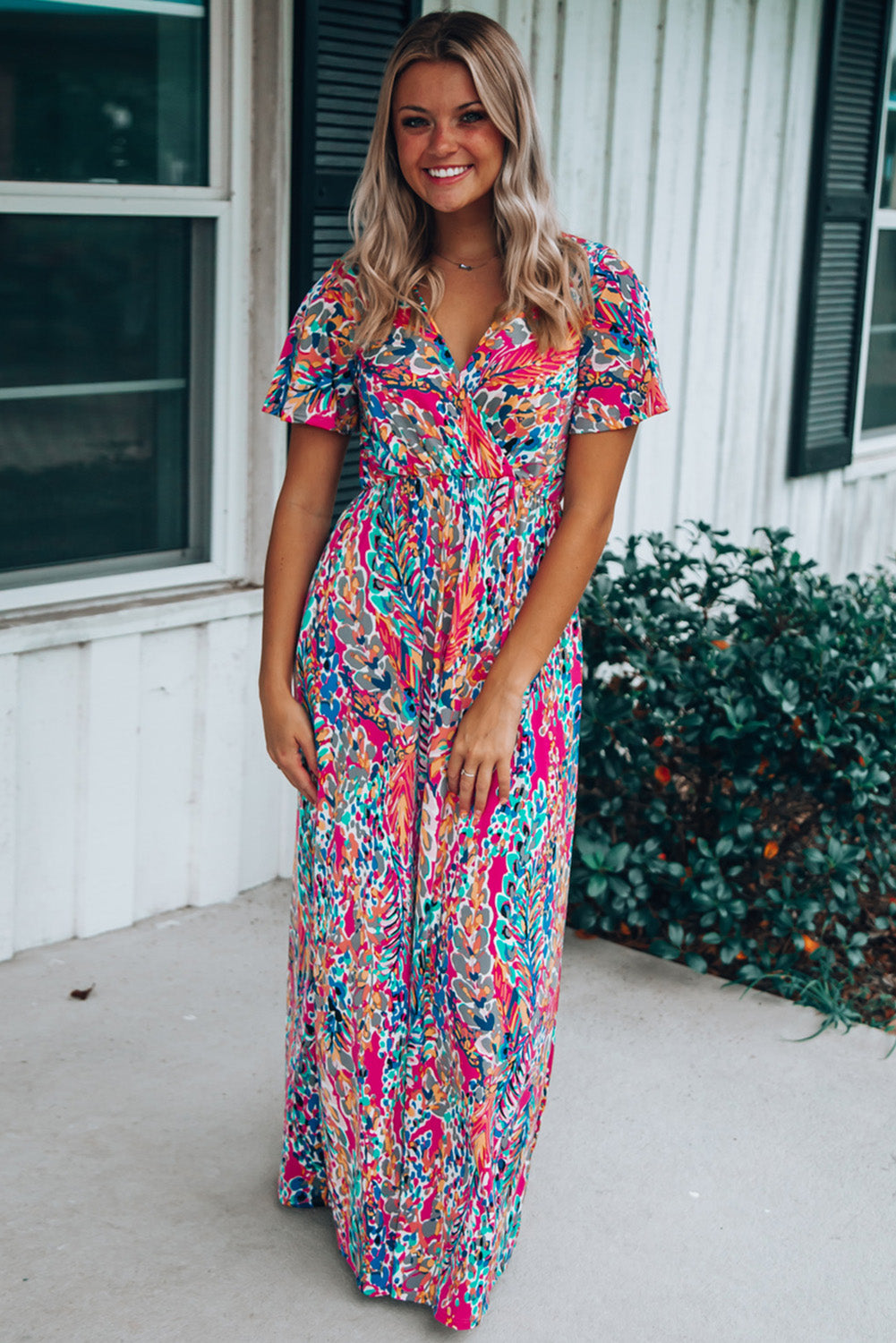 Print Wrap V Neck Short Sleeve Maxi Dress