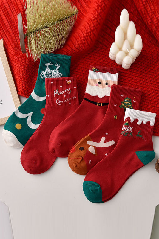 Red 5 Pairs Christmas Socks