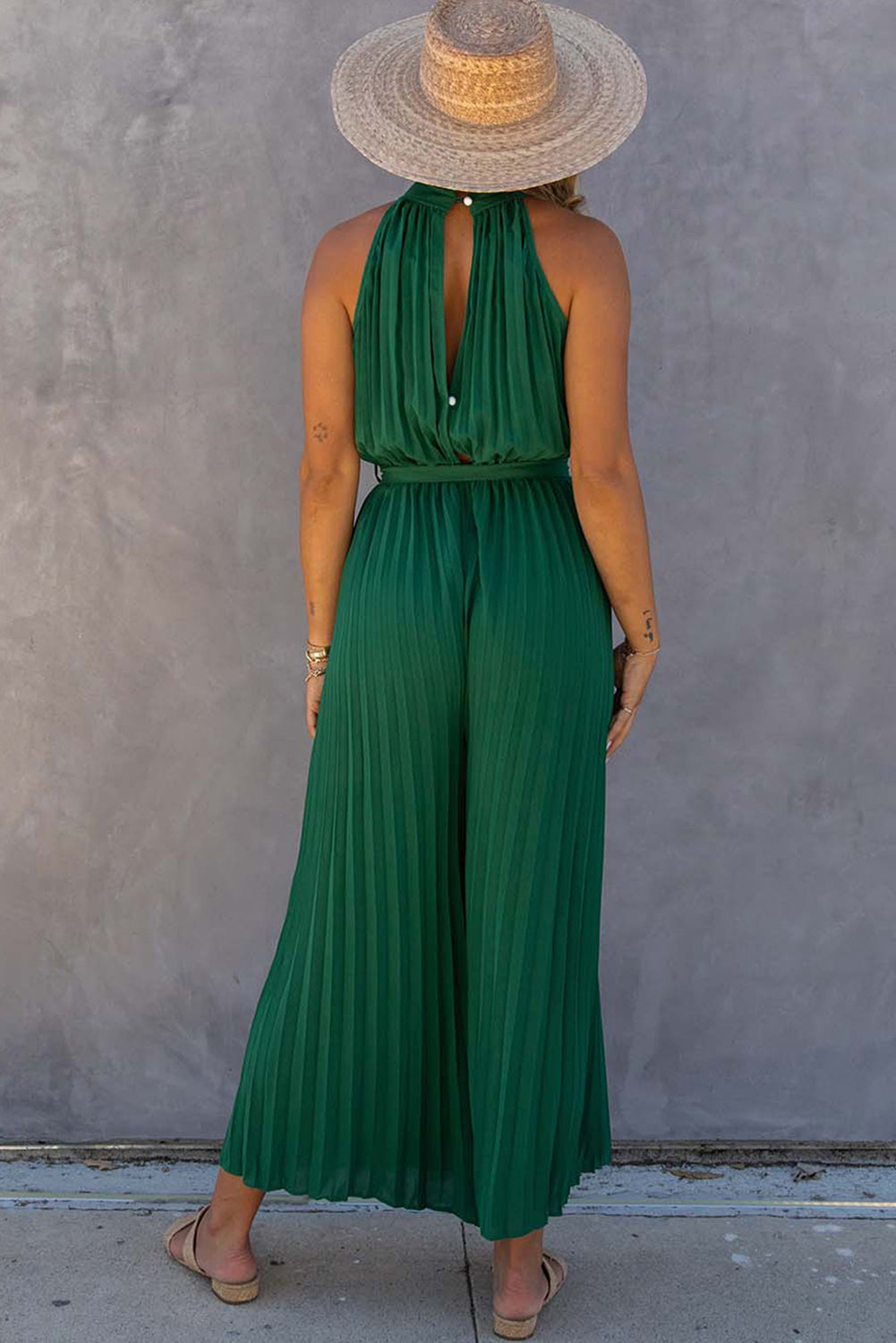 Elegant Halter Neck Belted Pleated Wide Leg Jumpsuit