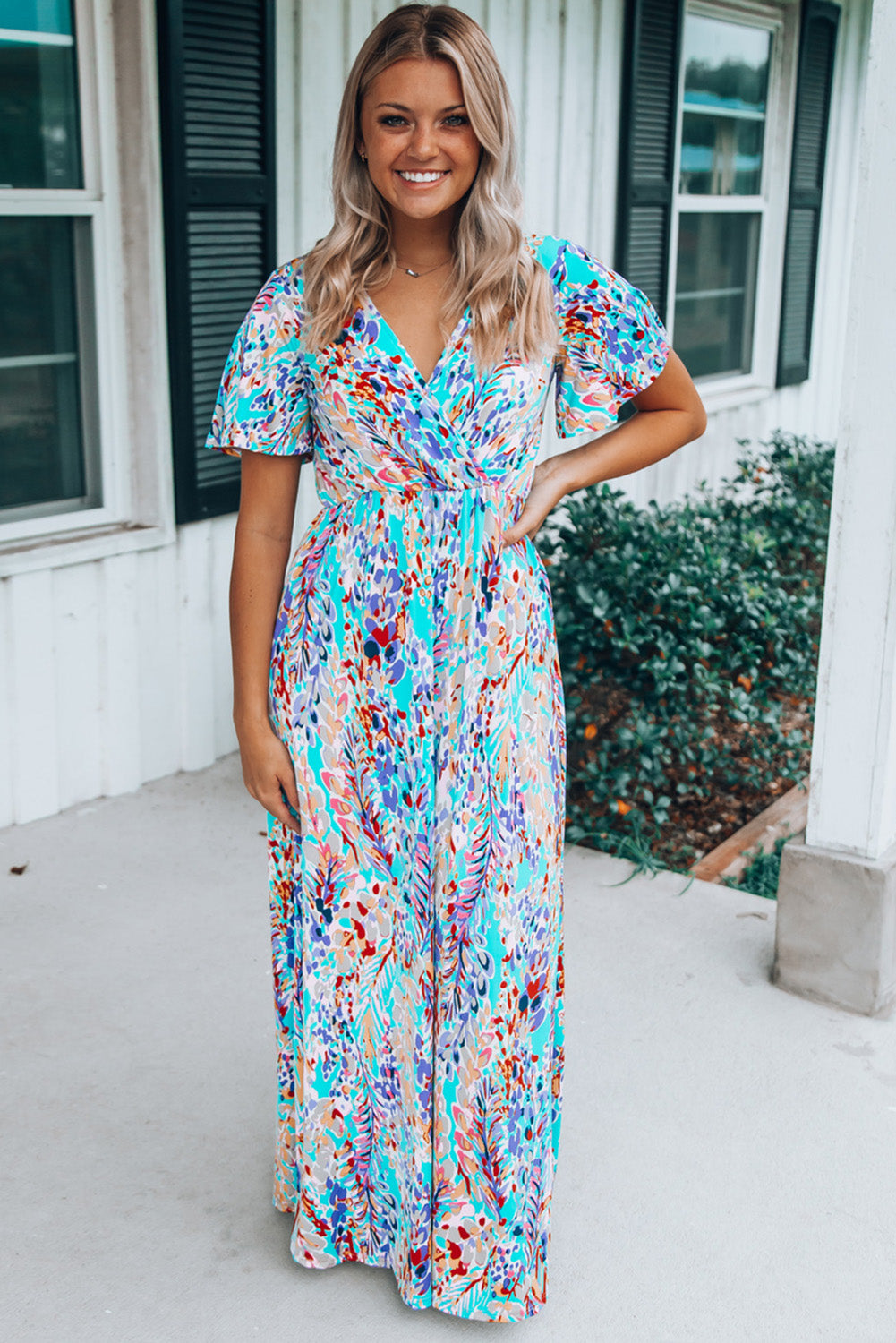 Print Wrap V Neck Short Sleeve Maxi Dress