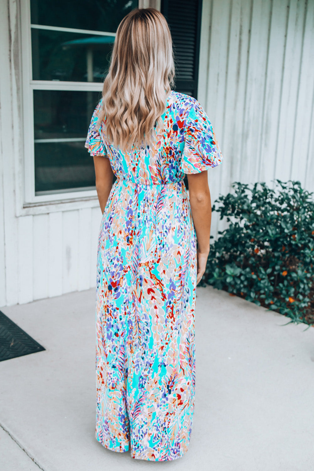 Print Wrap V Neck Short Sleeve Maxi Dress