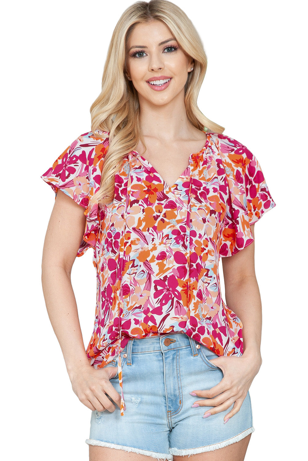 Floral Print Flutter Sleeves Short Sleeve Blouse