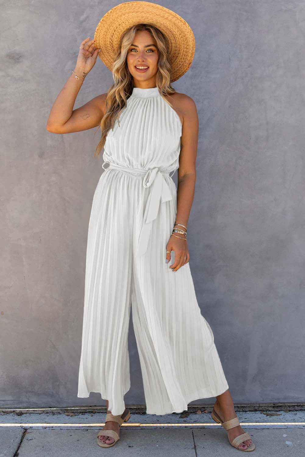 Elegant Halter Neck Belted Pleated Wide Leg Jumpsuit