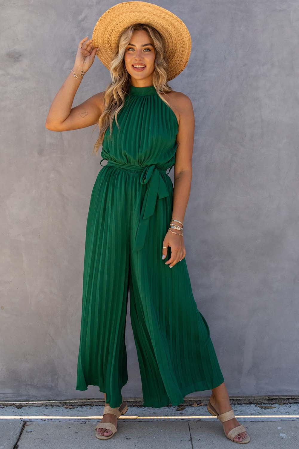 Elegant Halter Neck Belted Pleated Wide Leg Jumpsuit