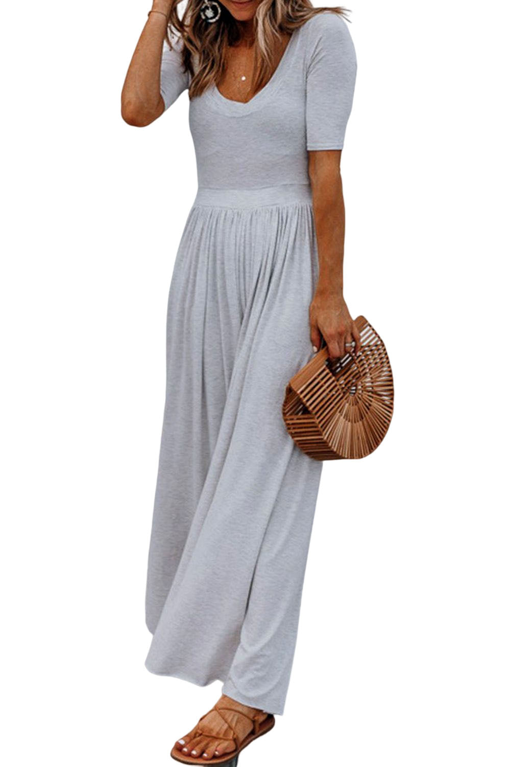 Plain Basic Short Sleeve Wide Leg Jumpsuit