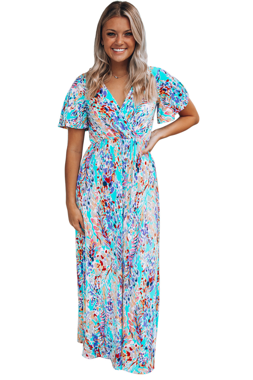 Print Wrap V Neck Short Sleeve Maxi Dress