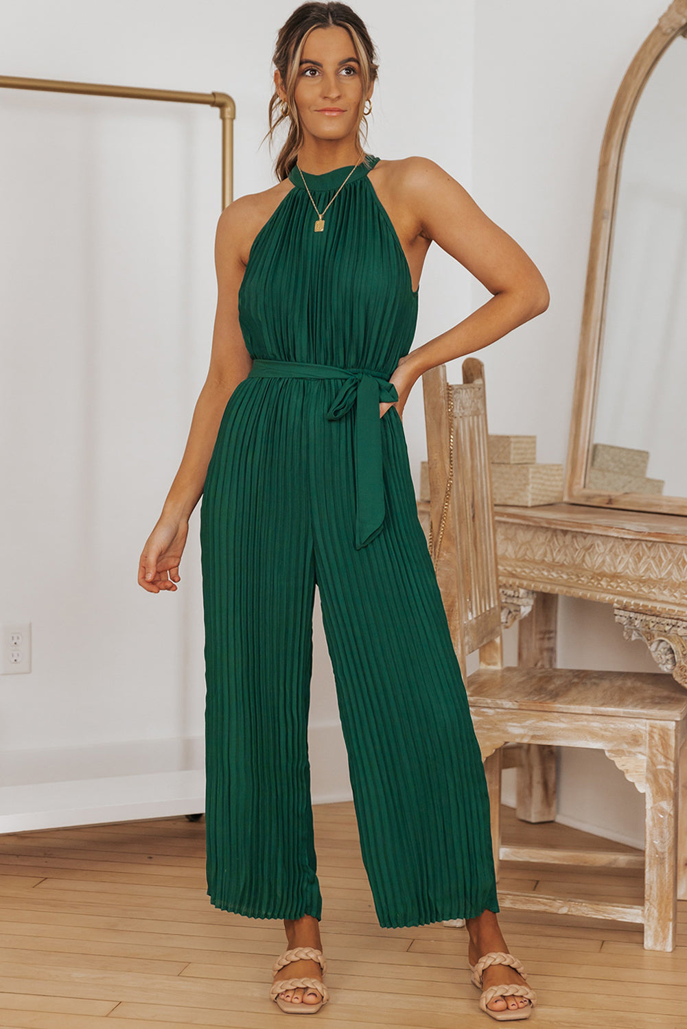 Elegant Halter Neck Belted Pleated Wide Leg Jumpsuit