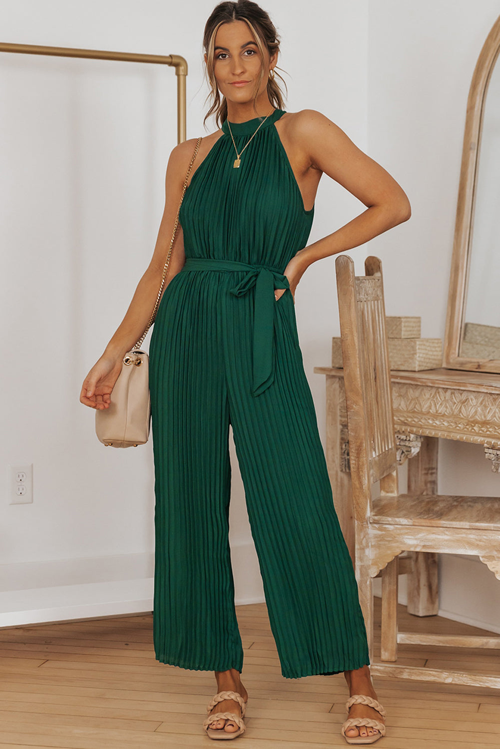 Elegant Halter Neck Belted Pleated Wide Leg Jumpsuit