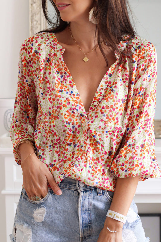 Multicolor Floral Print Boho Button Up Lantern Sleeve Blouse