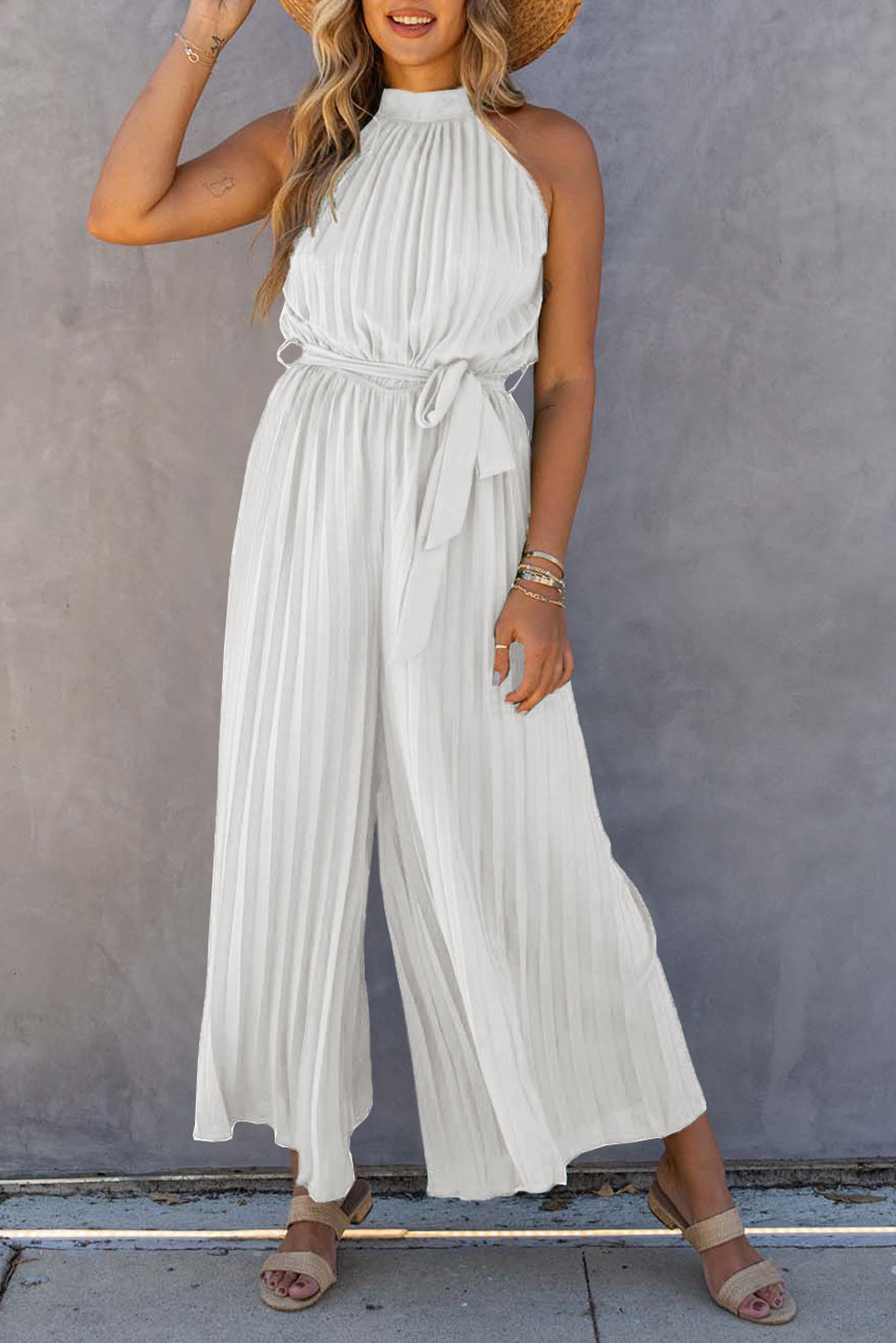 Elegant Halter Neck Belted Pleated Wide Leg Jumpsuit