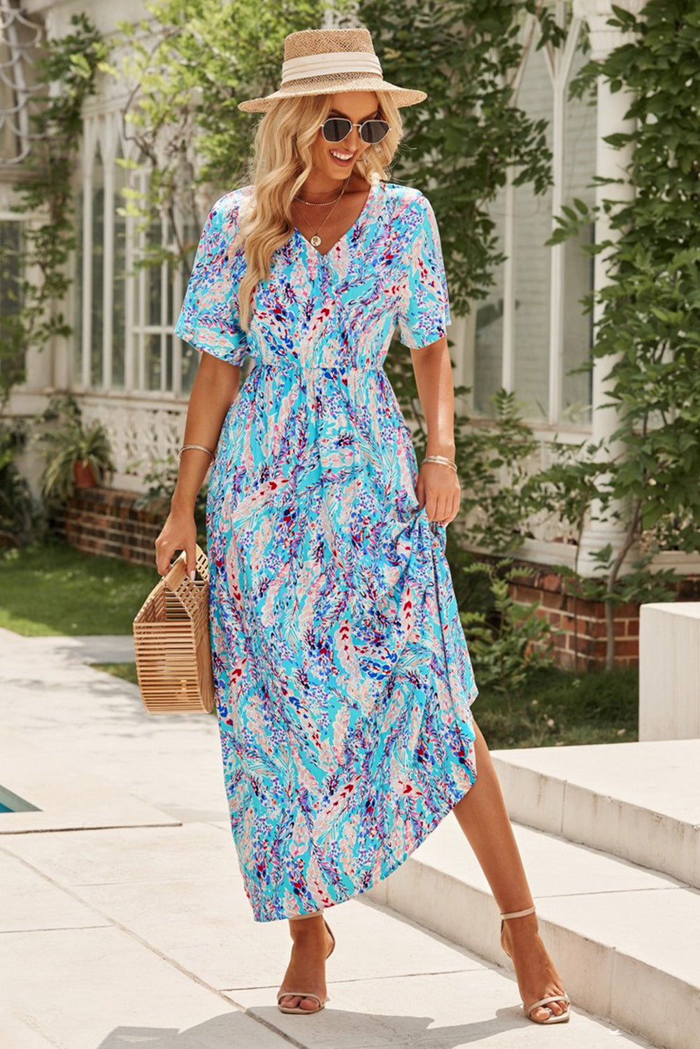 Print Wrap V Neck Short Sleeve Maxi Dress