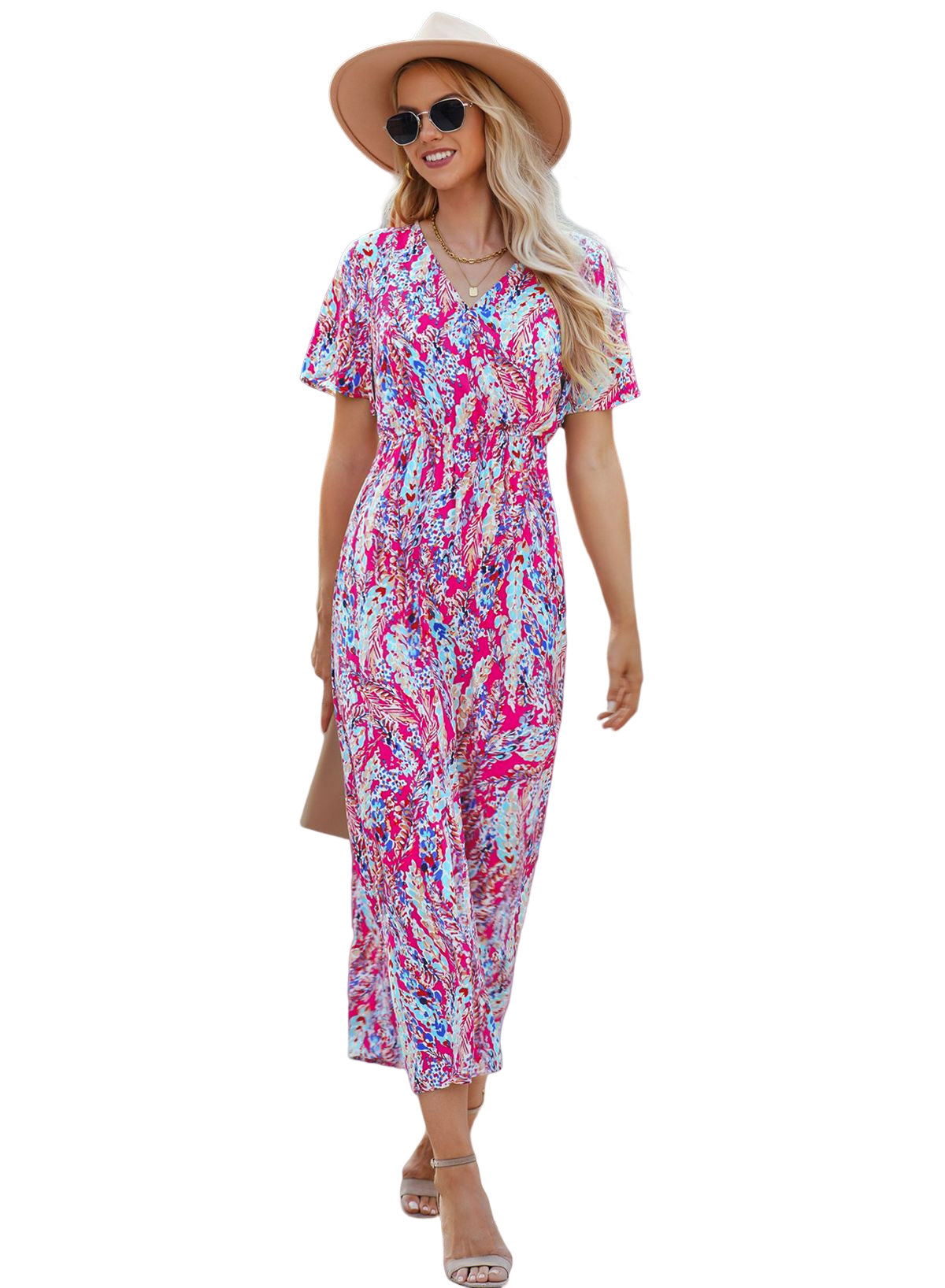 Print Wrap V Neck Short Sleeve Maxi Dress