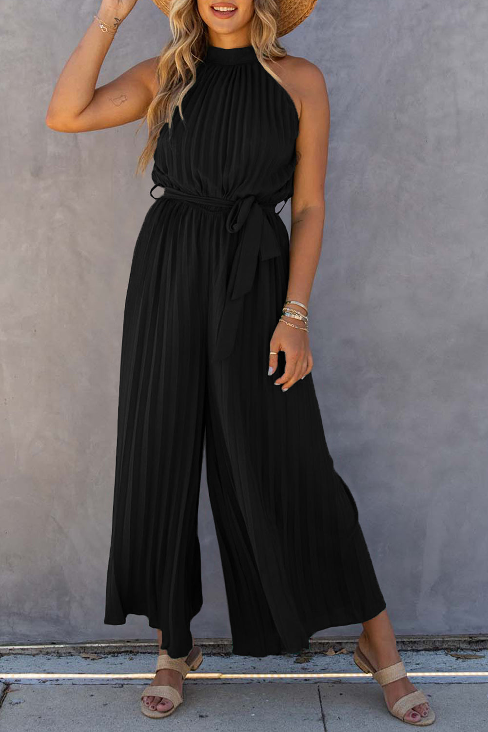 Elegant Halter Neck Belted Pleated Wide Leg Jumpsuit