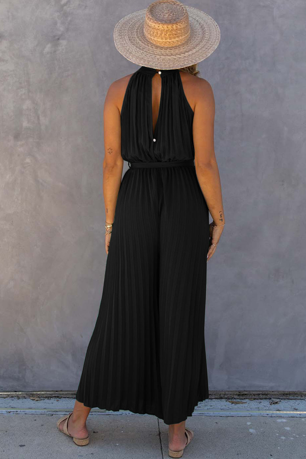 Elegant Halter Neck Belted Pleated Wide Leg Jumpsuit