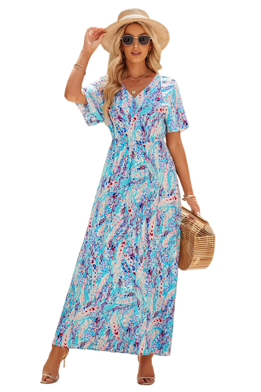 Print Wrap V Neck Short Sleeve Maxi Dress