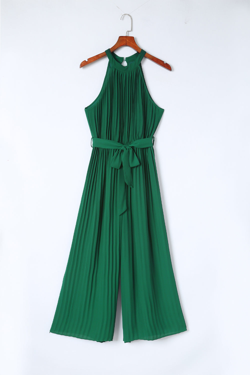 Elegant Halter Neck Belted Pleated Wide Leg Jumpsuit