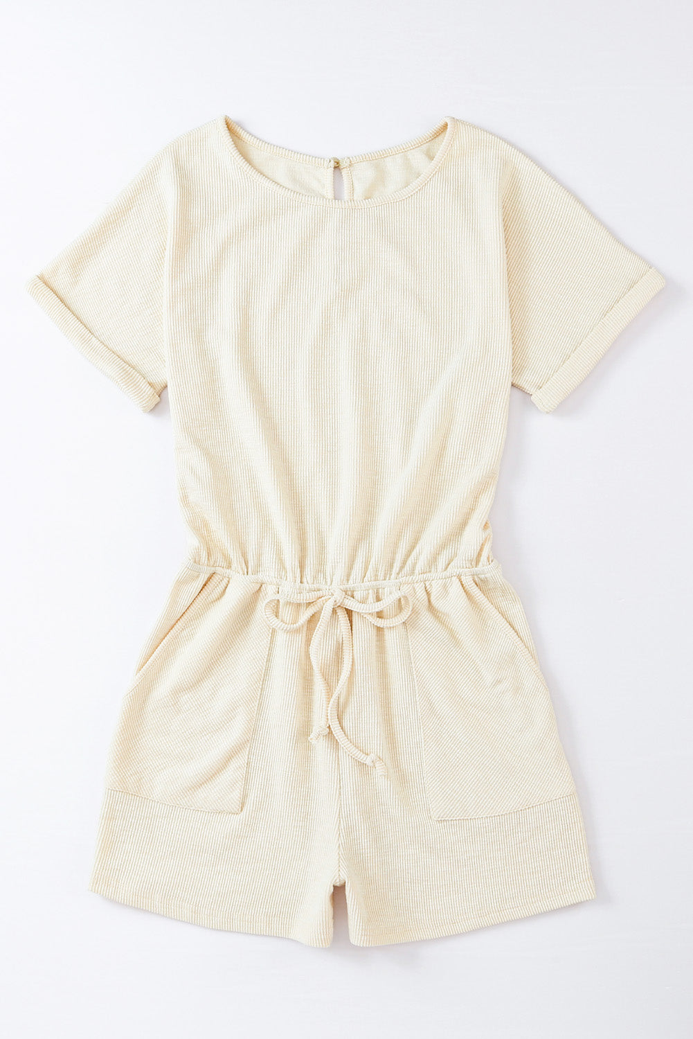 Beige Solid Casual Ribbed Elastic Waist Romper