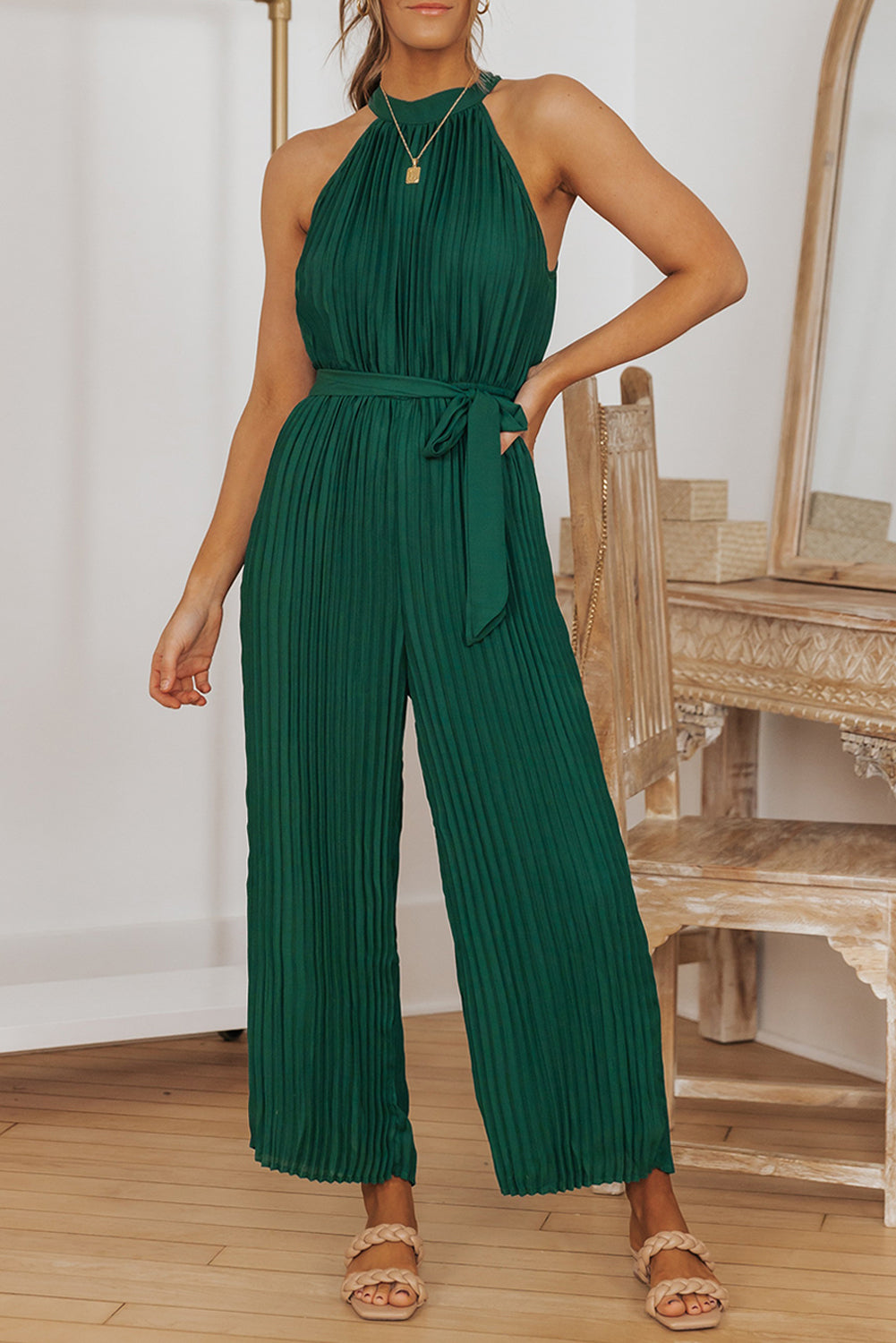 Elegant Halter Neck Belted Pleated Wide Leg Jumpsuit