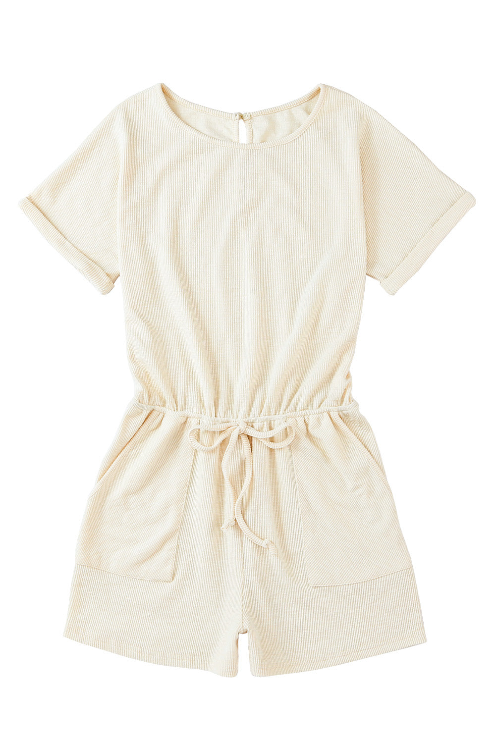 Beige Solid Casual Ribbed Elastic Waist Romper