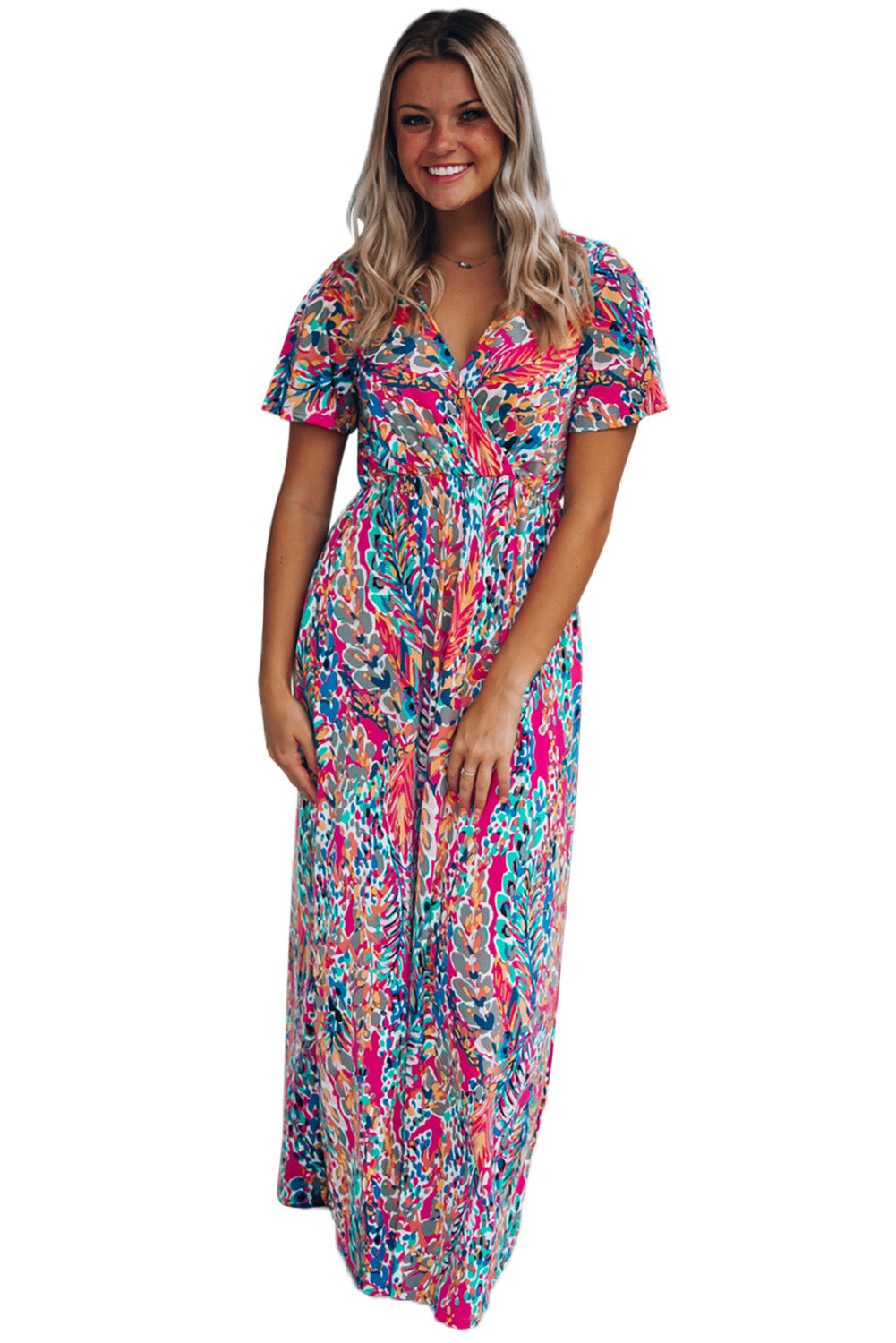 Print Wrap V Neck Short Sleeve Maxi Dress