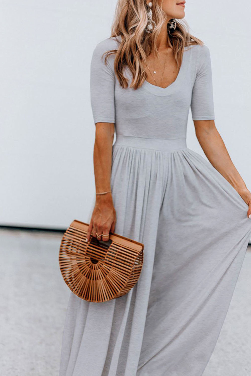 Plain Basic Short Sleeve Wide Leg Jumpsuit