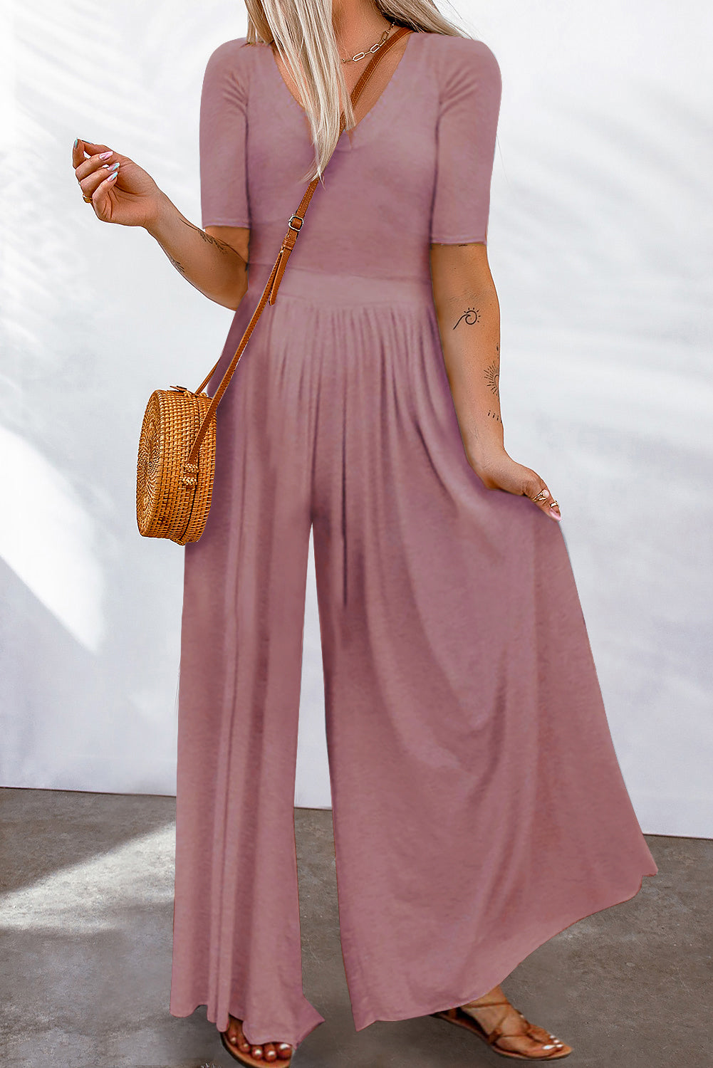 Plain Basic Short Sleeve Wide Leg Jumpsuit