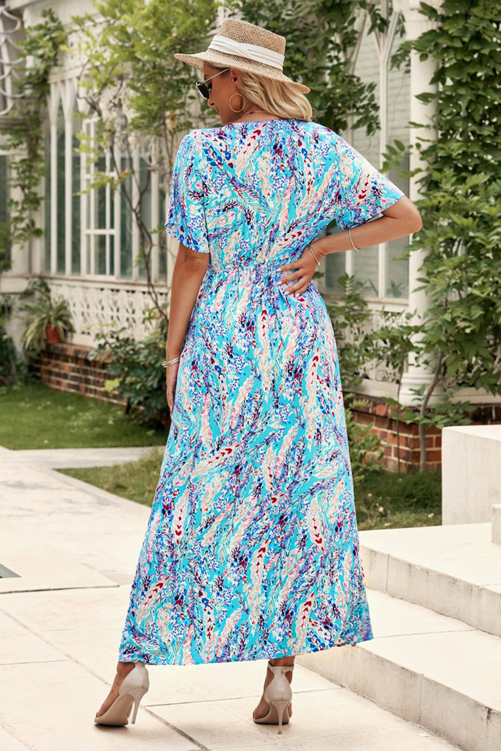 Print Wrap V Neck Short Sleeve Maxi Dress