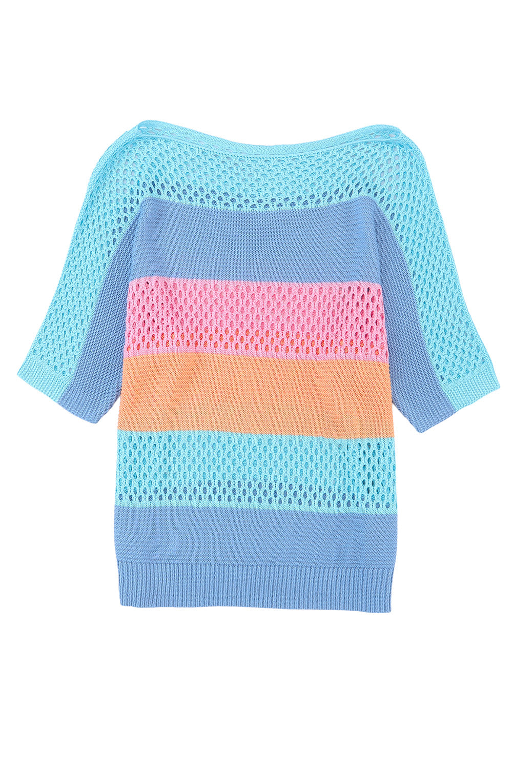 Pink Knitted Eyelet Colorblock Striped Half Sleeves Top