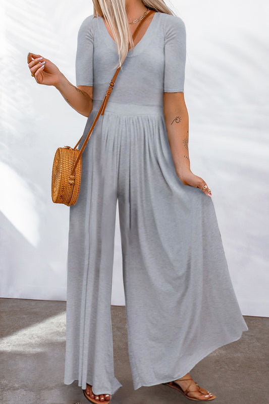 Plain Basic Short Sleeve Wide Leg Jumpsuit