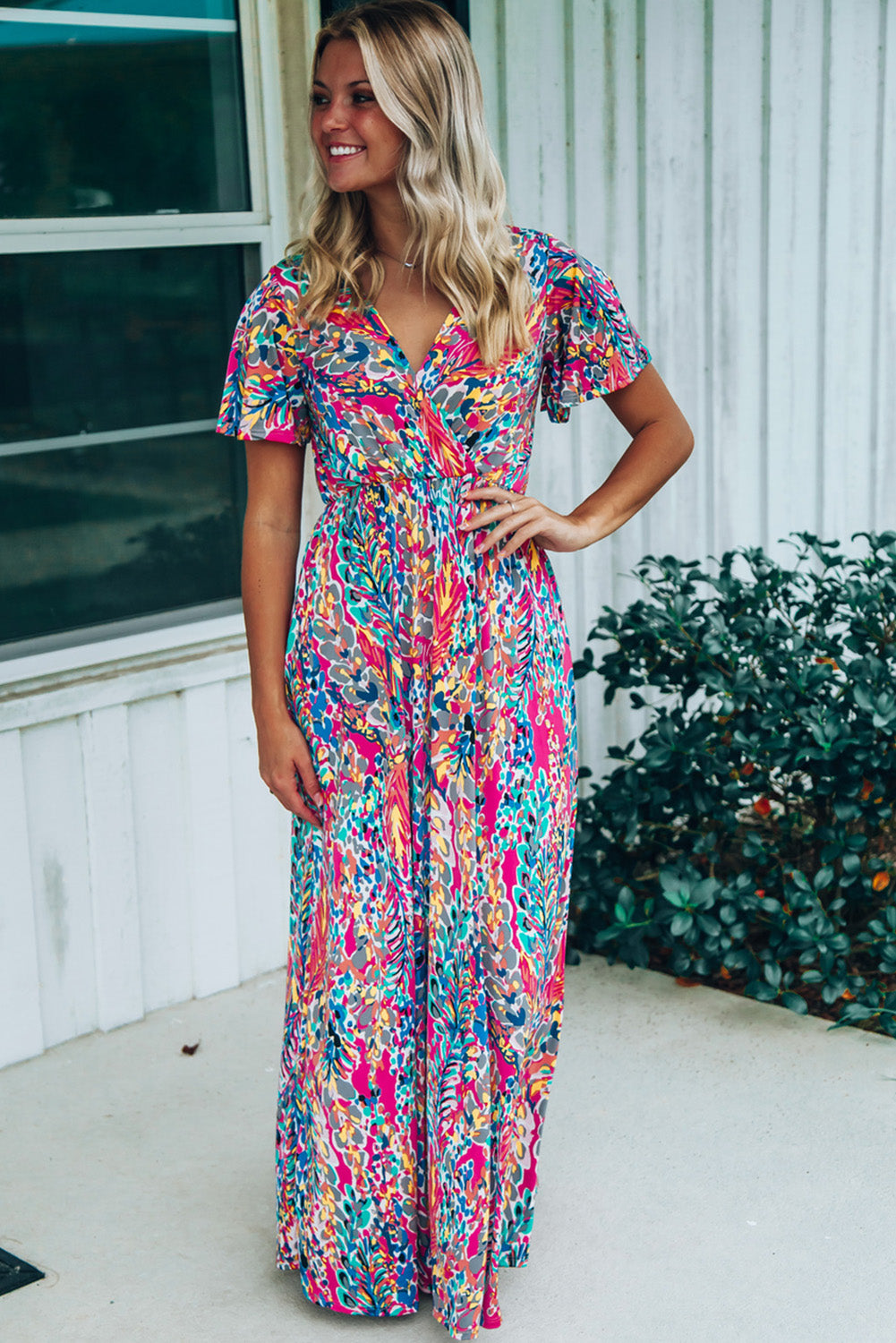 Print Wrap V Neck Short Sleeve Maxi Dress