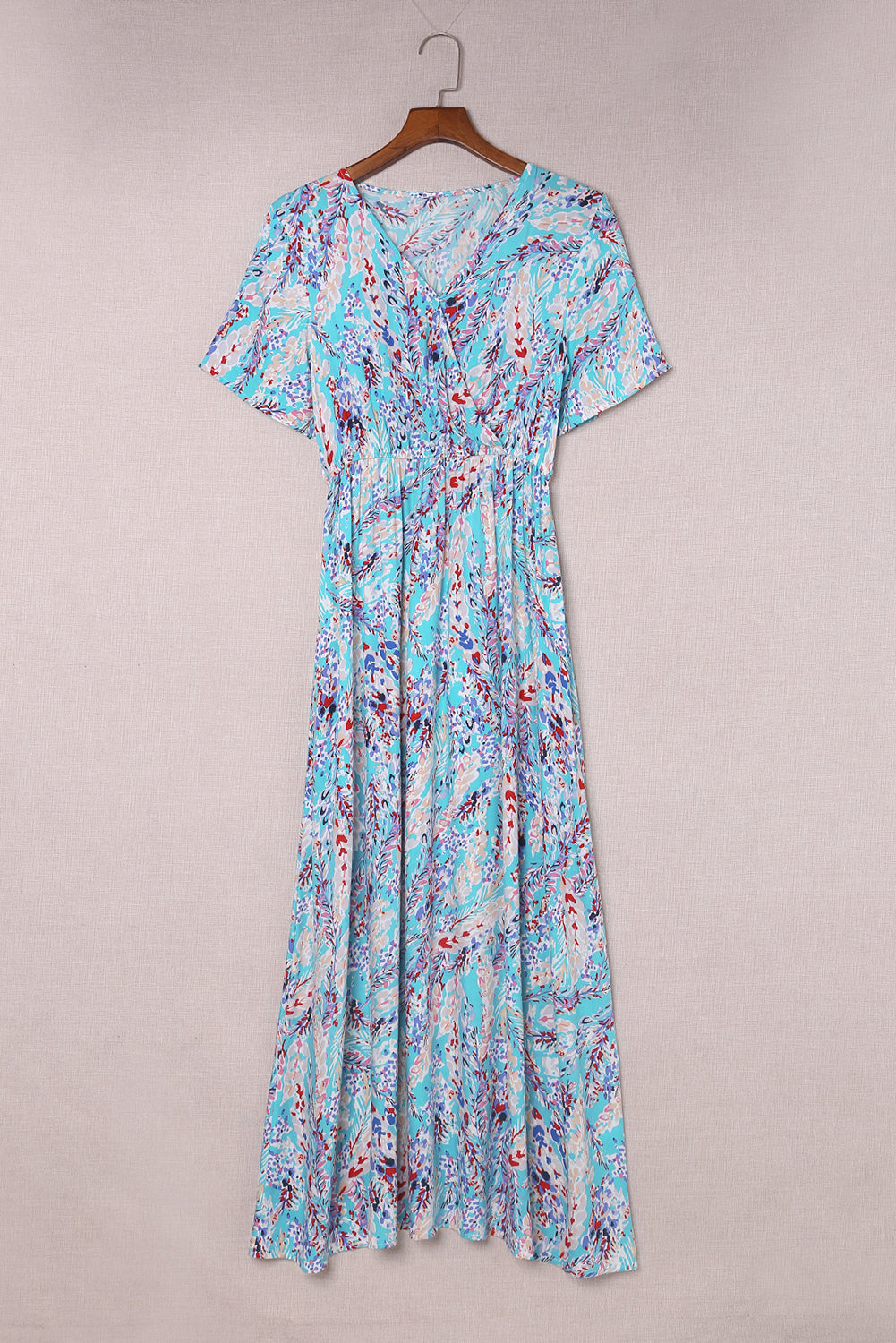 Print Wrap V Neck Short Sleeve Maxi Dress