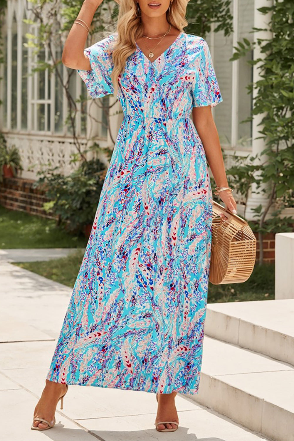 Print Wrap V Neck Short Sleeve Maxi Dress