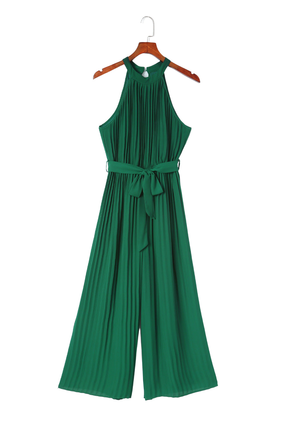 Elegant Halter Neck Belted Pleated Wide Leg Jumpsuit