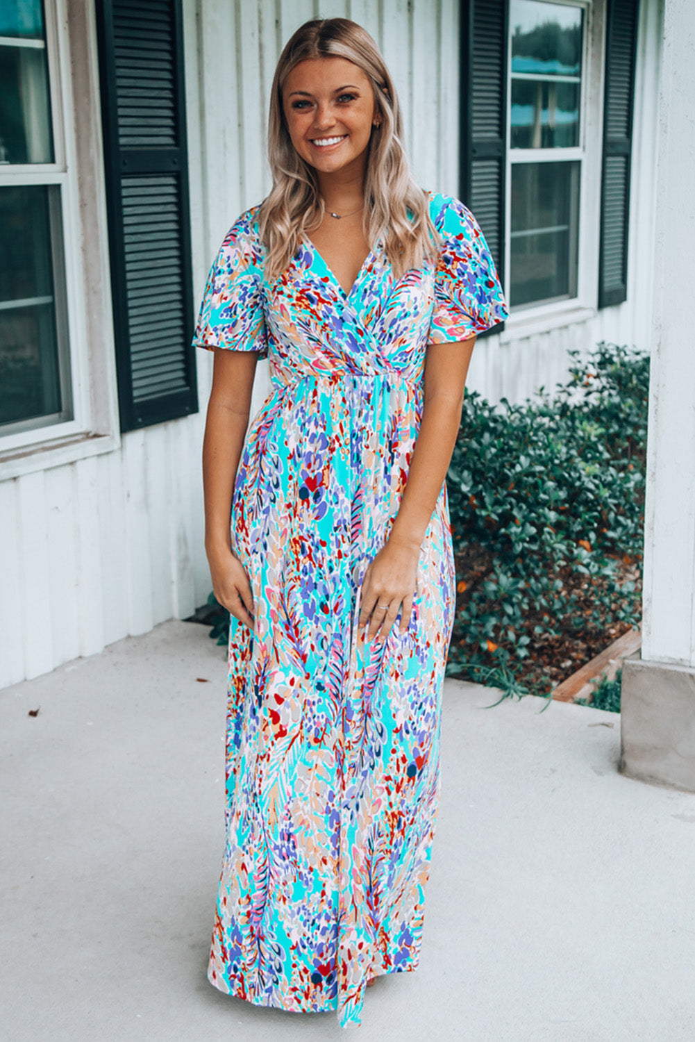 Print Wrap V Neck Short Sleeve Maxi Dress