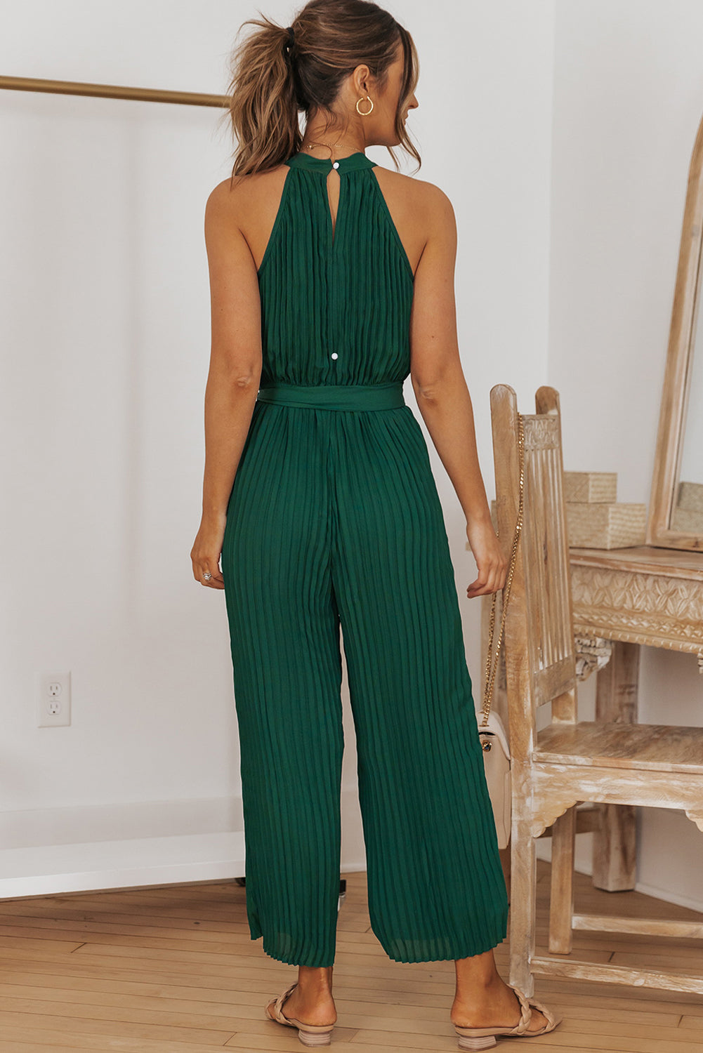 Elegant Halter Neck Belted Pleated Wide Leg Jumpsuit