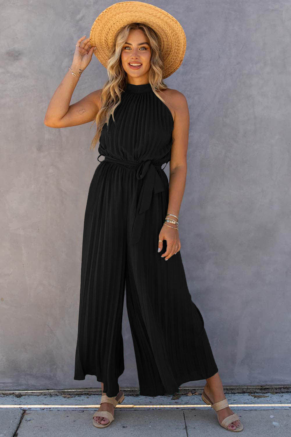 Elegant Halter Neck Belted Pleated Wide Leg Jumpsuit