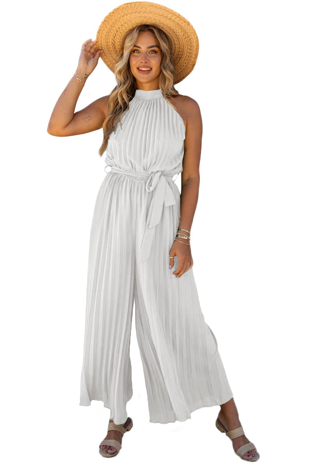 Elegant Halter Neck Belted Pleated Wide Leg Jumpsuit