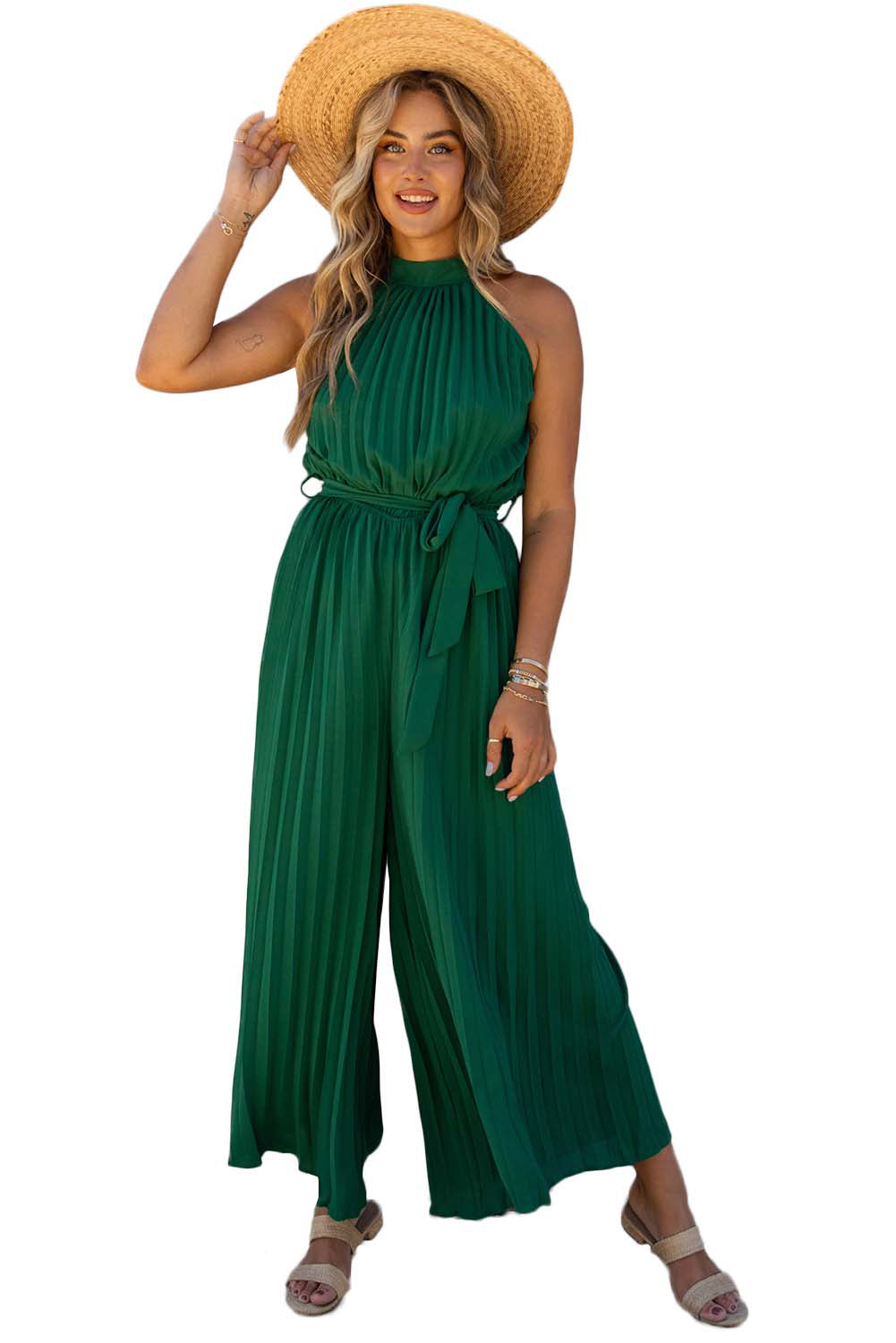 Elegant Halter Neck Belted Pleated Wide Leg Jumpsuit