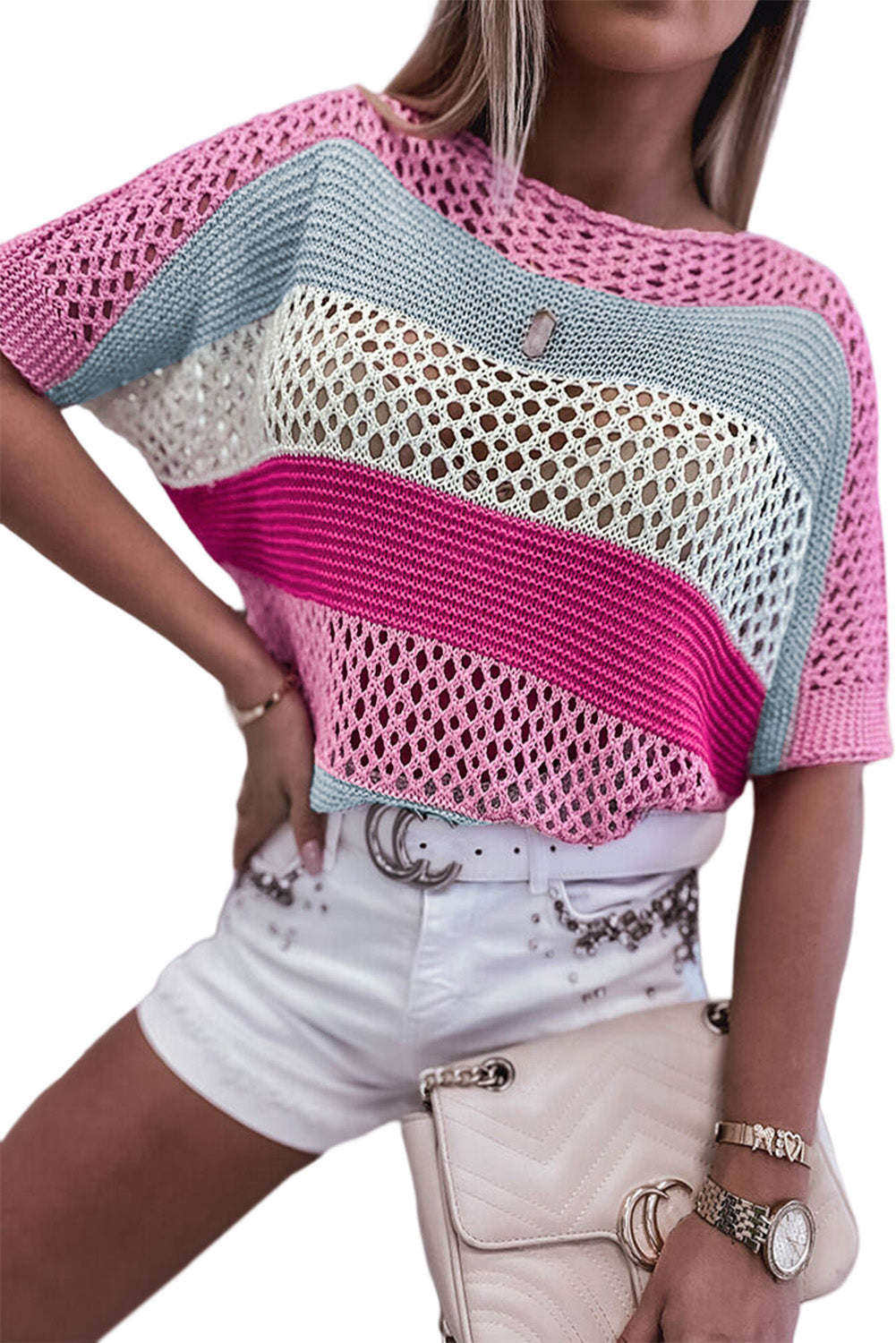 Pink Knitted Eyelet Colorblock Striped Half Sleeves Top