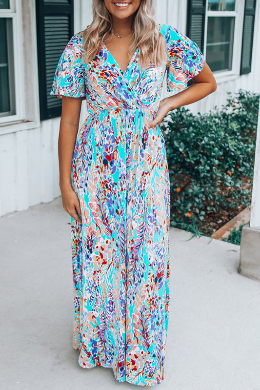 Print Wrap V Neck Short Sleeve Maxi Dress