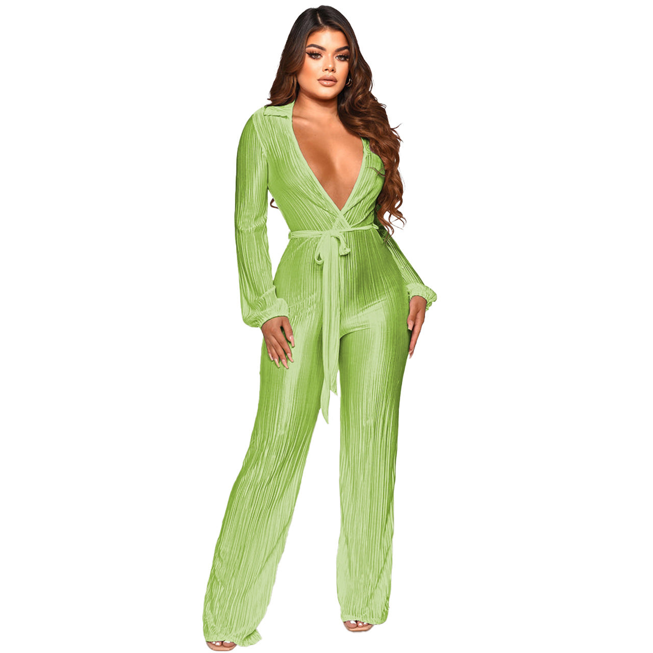 Low Cut Long Sleeve Pleated Jumpsuit