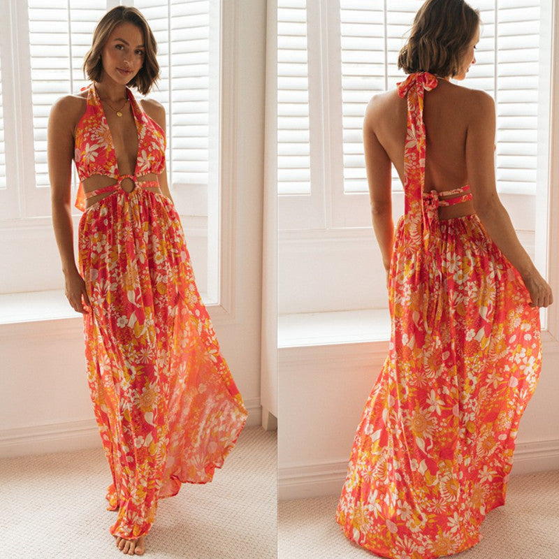 Women V-neck Printing Slip Dress Sexy Split Maxi Dress