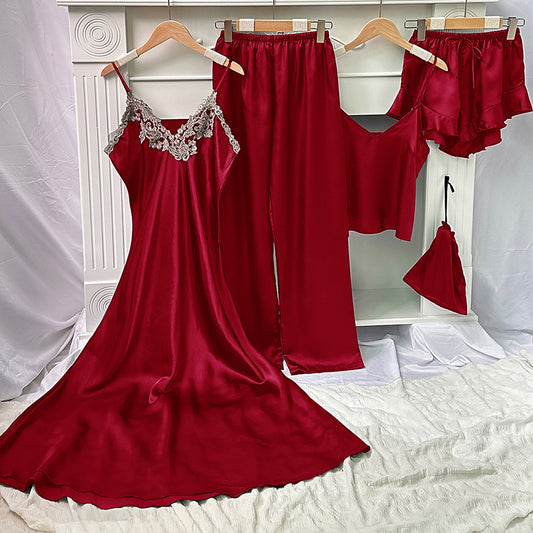 Women Solid Color Pajamas Five-Piece Set