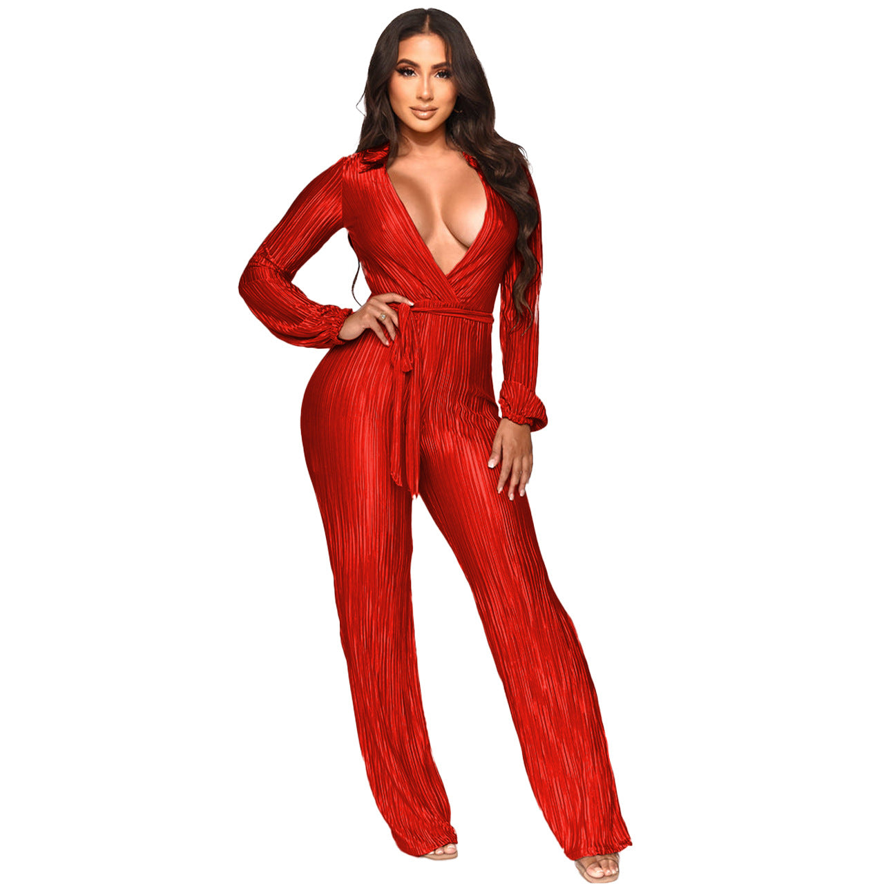 Low Cut Long Sleeve Pleated Jumpsuit