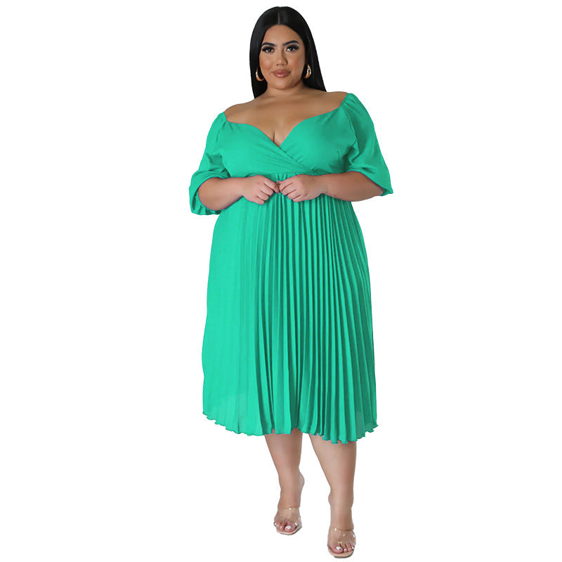 Pleated Short Sleeve Dress Multiple Colors