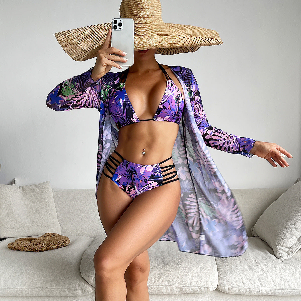 Three Piece Suit Long Sleeves Printed Bikini