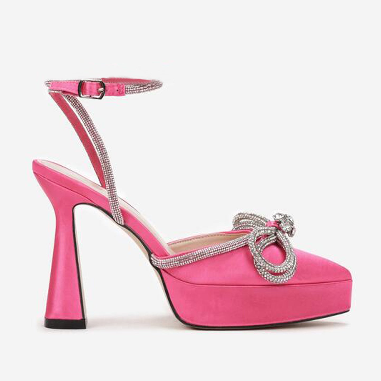 Thick High Heel 13cm Pink Black Bow Rhinestone