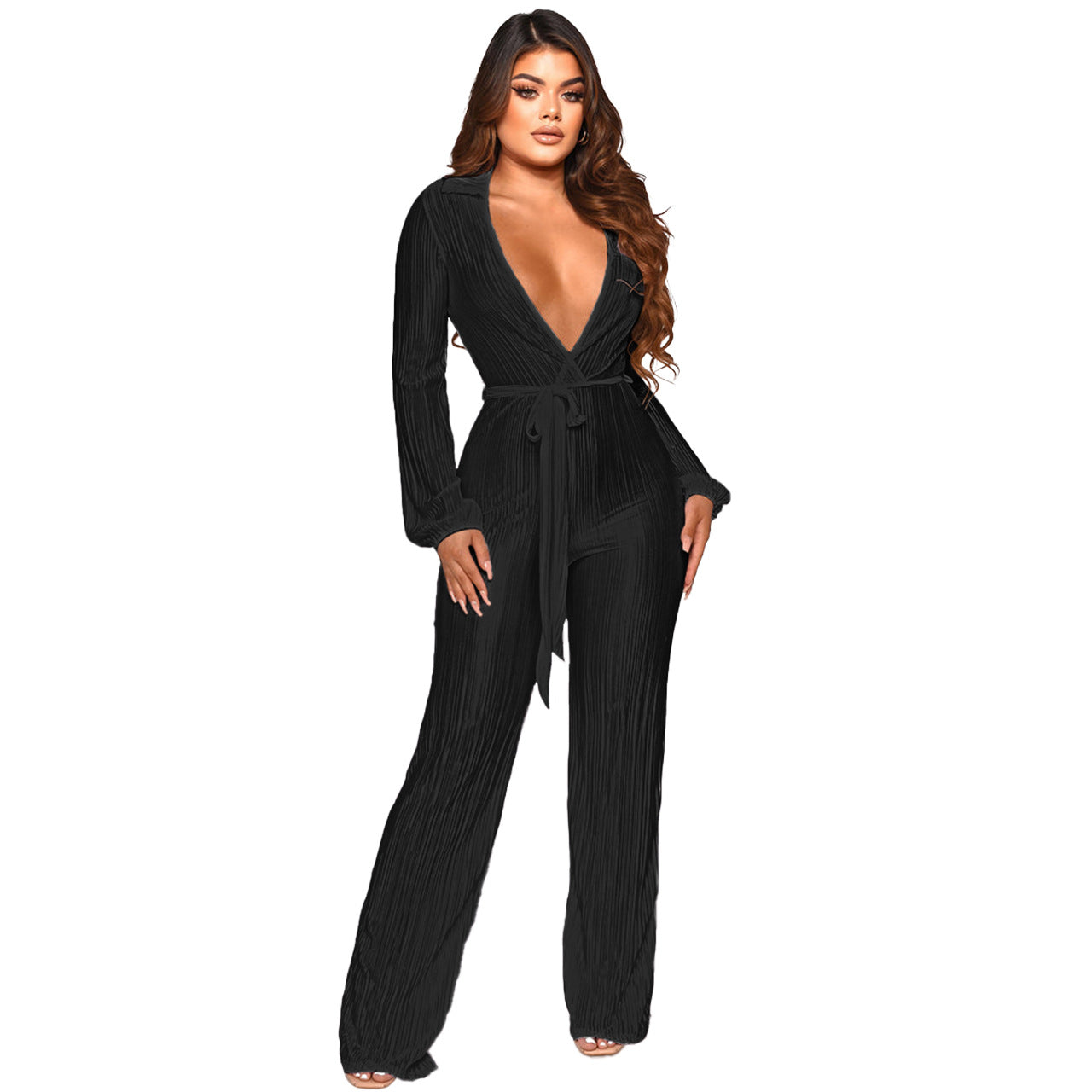 Low Cut Long Sleeve Pleated Jumpsuit